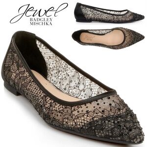 Jewel Badgley Mischka Juliana Lace Ballet Flat Black Evening Dress Shoes Pumps 7